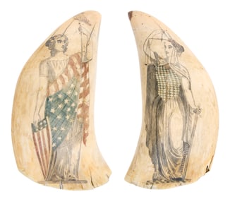 PAIR OF EXCEPTIONAL POLYCHROME SCRIMSHAW WHALE'S TEETH DEPICTING LADY LIBERTY AND LADY JUSTICE
