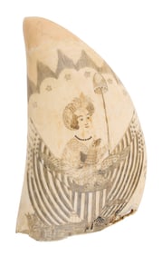 FINE SCRIMSHAW WHALE'S TOOTH WITH SHIP PORTRAIT AND PATRIOTIC MONTAGE ATTRIBUTED TO WILLIAM SIZER