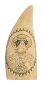 WILLIAM SIZER POLYCHROME SCRIMSHAW WHALE'S TOOTH WITH LADY'S PORTRAIT Circa 1835 Length 6.25".