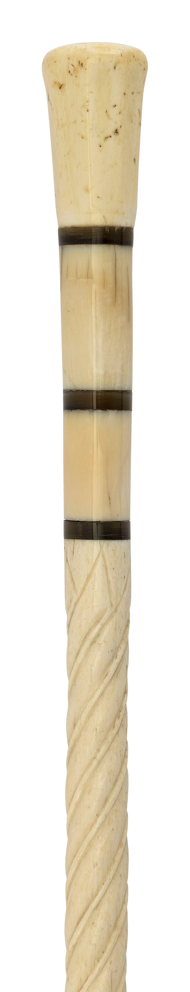 WHALEBONE AND WHALE IVORY CANE 19th Century Length 33.75".: WHALEBONE AND WHALE IVORY CANE19th CenturyOctagonal whale ivory capstick handle. Whale ivory throat with baleen banding. Exquisite rope-carved whalebone shaft fitted with a brass ferrule.Length 33.75"