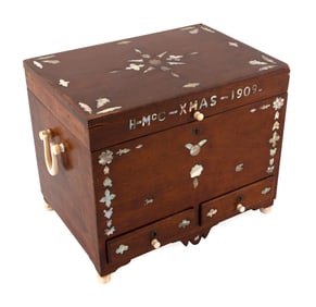 SAILOR-MADE INLAID MAHOGANY TRINKET BOX Dated 1909 Height 11". Width 13". Depth 9".