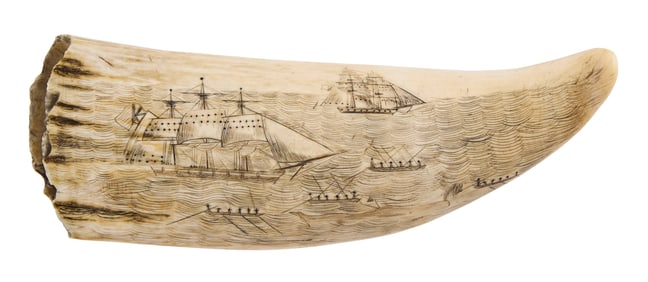 SCRIMSHAW WHALE'S TOOTH WITH WHALING SCENE 19th Century Length 6.25".
