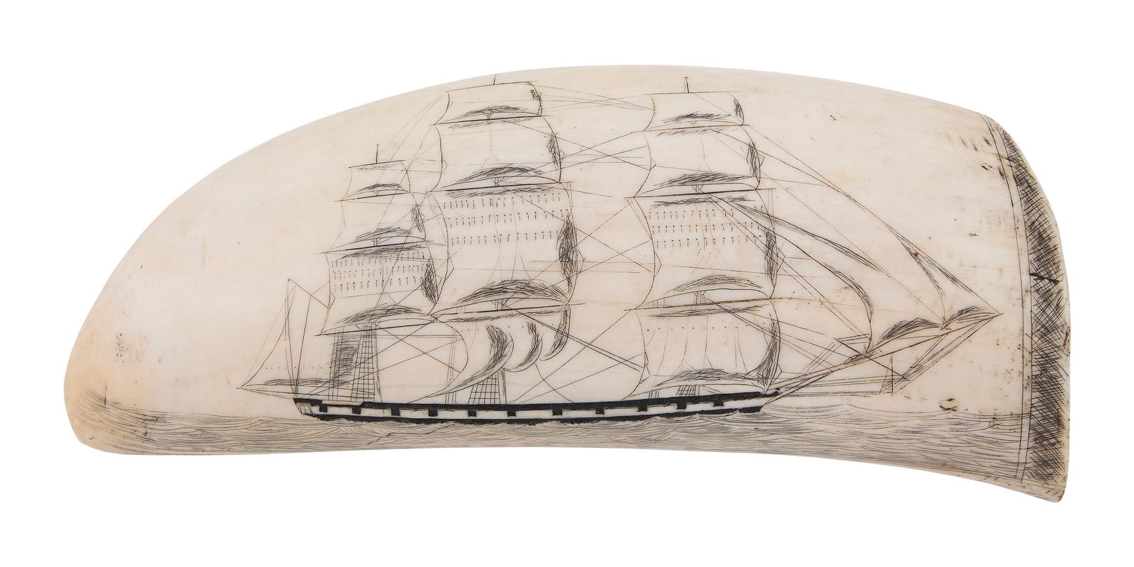 SCRIMSHAW WHALE'S TOOTH WITH VIEWS OF THREE-MASTED SHIPS 19th Century Length 6.75".: SCRIMSHAW WHALE'S TOOTH WITH VIEWS OF THREE-MASTED SHIPS19th CenturyObverse with one off a lighthouse and reverse with one under full sail.Length 6.75".