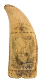 SCRIMSHAW WHALE'S TOOTH BY THE EAGLE PORTRAITIST Mid-19th Century Length 6.25".