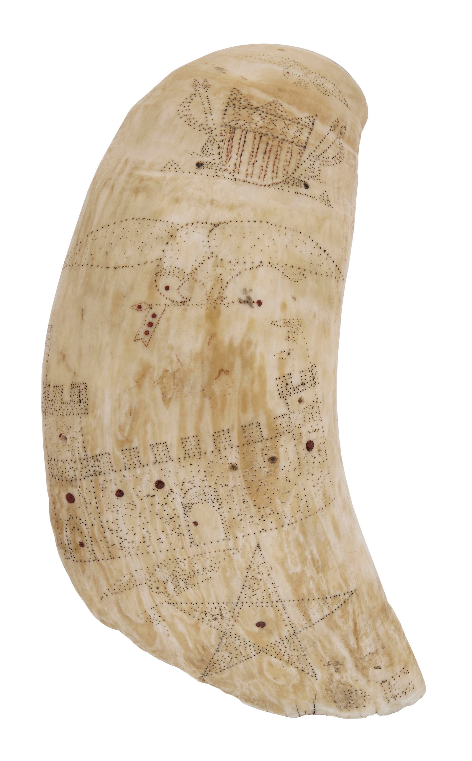 POLYCHROME SCRIMSHAW WHALE'S TOOTH WITH PATRIOTIC IMAGERY 19th Century Length 6.5".: POLYCHROME SCRIMSHAW WHALE'S TOOTH WITH PATRIOTIC IMAGERY 19th Century Obverse with three eagles, two of which are clutching a flag or pennant on a pole, interspersed with a Union shield flanked by sp