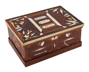 FINE INLAID PRESENTATION SEWING BOX Dated 1849 Height 4.75". Width 9.75". Depth 6".: FINE INLAID PRESENTATION SEWING BOXDated 1849Mahogany box with ivory and multicolored exotic wood inlay. Hinged lid with quartered starbursts at the corners, the patterns slightly varying, and two ivo