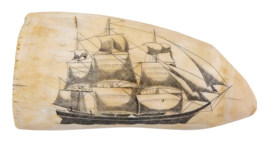 SCRIMSHAW WHALE'S TOOTH WITH SHIP PORTRAIT 19th Century Length 6". On wooden base.