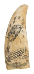 POLYCHROME SCRIMSHAW WHALE'S TOOTH, POSSIBLY BY THE BANNER ENGRAVER 19th Century Length 5.5".