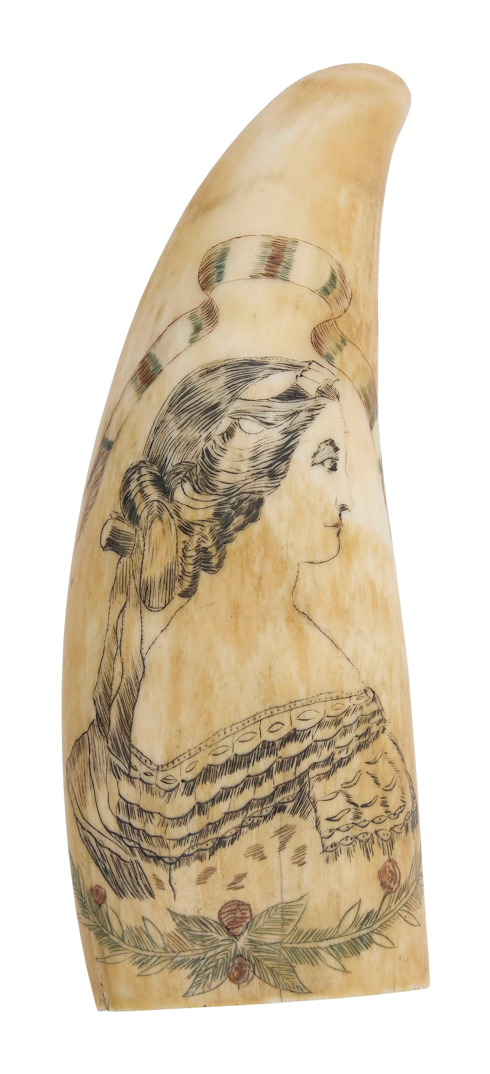 POLYCHROME SCRIMSHAW WHALE'S TOOTH, POSSIBLY BY THE BANNER ENGRAVER 19th Century Length 5.5".: POLYCHROME SCRIMSHAW WHALE'S TOOTH, POSSIBLY BY THE BANNER ENGRAVER 19th Century Nicely executed bust portrait of a woman wearing period dress beneath a furled banner. Leaves and berries at base. Leng