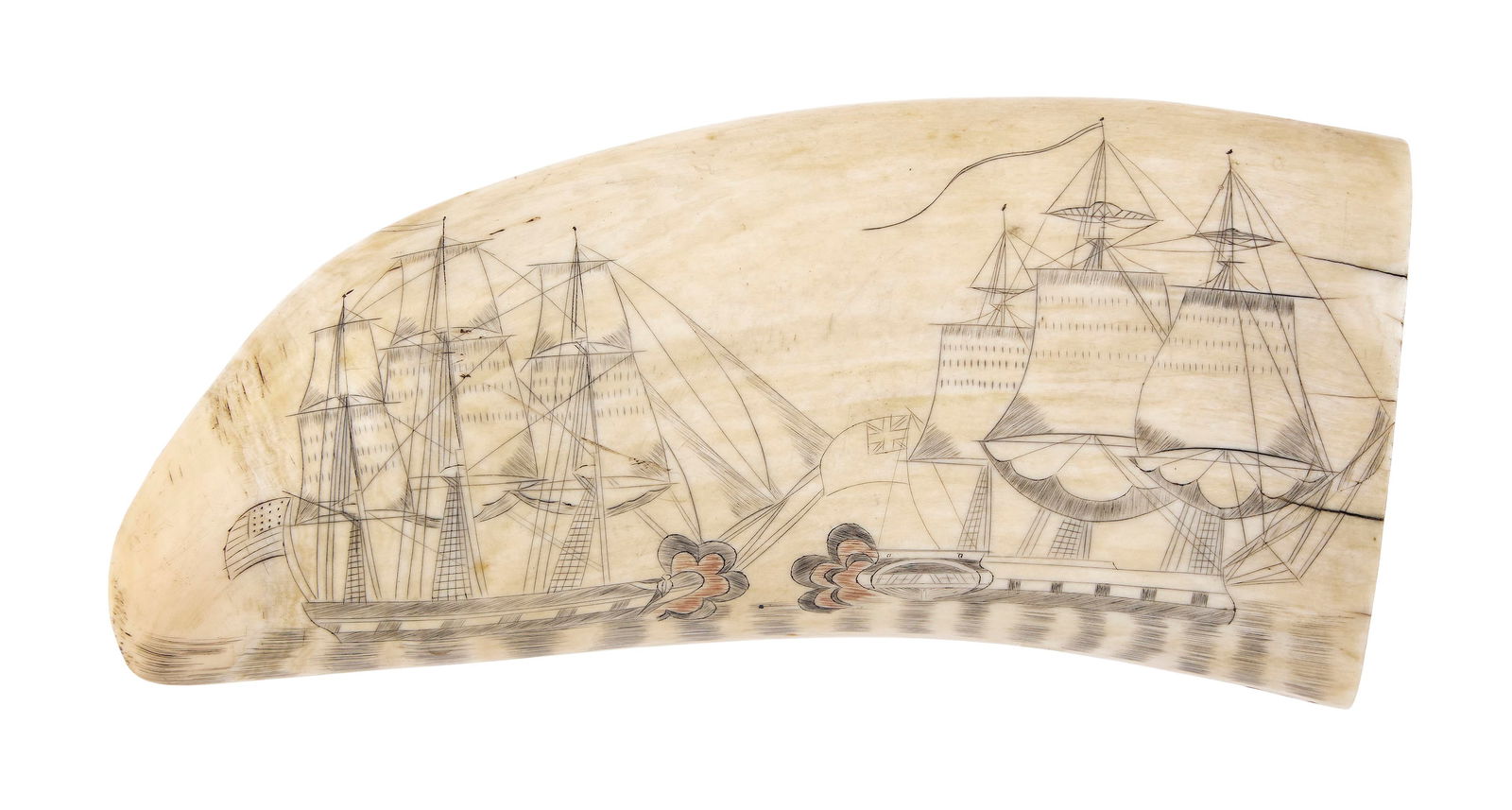 POLYCHROME SCRIMSHAW WHALE'S TOOTH DEPICTING AN ANGLO-AMERICAN NAVAL BATTLE 19th Century Length 6".: POLYCHROME SCRIMSHAW WHALE'S TOOTH DEPICTING AN ANGLO-AMERICAN NAVAL BATTLE19th CenturyBoth ships under fighting sail and flying their nation's flags off the stern and a long streamer from the mainmas