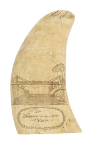 SCRIMSHAW WHALE'S TOOTH "THE NIAGARA SUSPENSION BRIDGE" America, Circa 1856 Length 5".