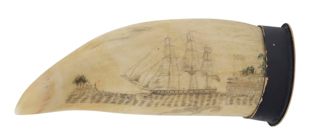 POLYCHROME SCRIMSHAW WHALE'S TOOTH WITH COASTAL SCENES 19th Century Length 7.5". Fitted on an old