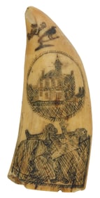 SCRIMSHAW WHALE'S TOOTH WITH FIGHTING SCENE 19th Century Length 5.5".