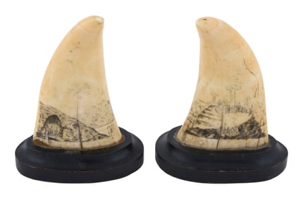 PAIR OF SCRIMSHAW WHALE'S TEETH WITH RELIGIOUS SCENES 19th Century Heights approx. 5.5". Heights on