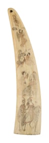 POLYCHROME SCRIMSHAW WALRUS TUSK WITH FIGURAL SCENES 19th Century Length 10.25".