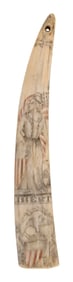 POLYCHROME SCRIMSHAW WALRUS TUSK WITH PATRIOTIC MOTIFS 19th Century Length 10.5".