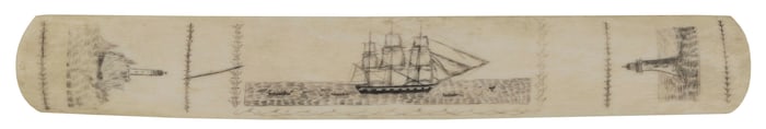 SCRIMSHAW WHALEBONE PANEL 19th Century Length 14.5". Width 2".