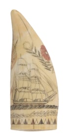 RARE POLYCHROME SCRIMSHAW WHALE'S TOOTH WITH PATRIOTIC MOTIFS 19th Century Length 6".