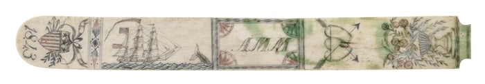 POLYCHROME SCRIMSHAW WHALEBONE BUSK DATED 1843 19th Century Length 12.75".