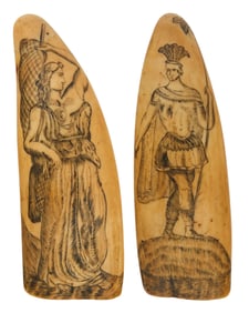 PAIR OF SCRIMSHAW WHALE'S TEETH ATTRIBUTED TO SAMUEL W. TENNEY 19th Century Lengths 4.75".