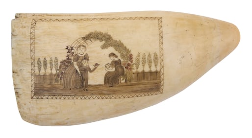 SCRIMSHAW WHALE'S TOOTH WITH FIGURAL AND ARCHITECTURAL SCENES 19th Century Length 7.25".