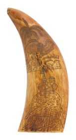 SCRIMSHAW WHALE'S TOOTH WITH EXOTIC SCENES 19th Century Length 6.5".