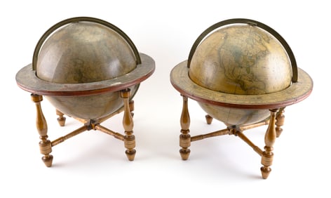 RARE PAIR OF WILSON'S TERRESTRIAL AND CELESTIAL TABLE GLOBES Early 19th Century Heights 21.5".