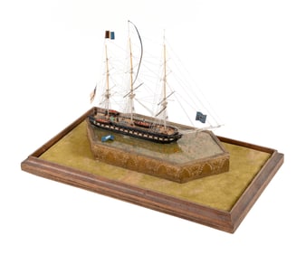 CASED BLOWN GLASS FAIRING MODEL OF A THREE-MASTED SAILING SHIP Late 18th/Early 19th Century Case
