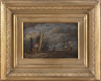 NICOLAS VAN DE VELDE (The Netherlands, 18th Century), Dutch shipping channel., Oil on panel, 6.5" x