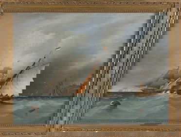THOMAS LUNY (United Kingdom, 1759-1837), Ships off a coast., Oil on canvas, 18" x 24.5". Framed