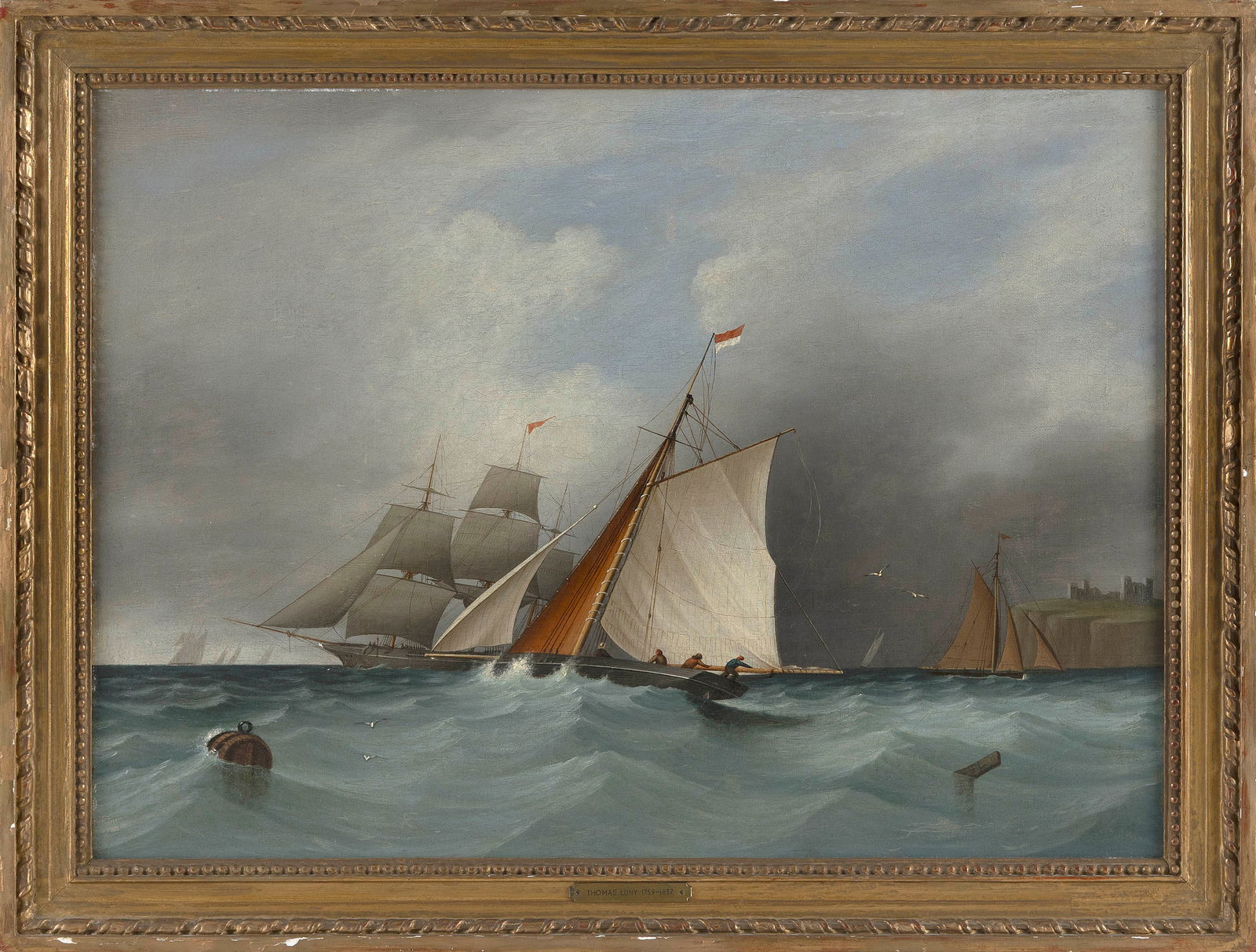 THOMAS LUNY (United Kingdom, 1759-1837), Ships off a coast., Oil on canvas, 18" x 24.5". Framed: THOMAS LUNYUnited Kingdom, 1759-1837Ships off a coast. Signed lower right on a piece of driftwood "T.L.".Oil on canvas, 18" x 24.5". Framed 21.25" x 28". Provenance:Private Collection, New Jersey.<