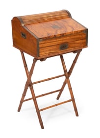 BRASS-BOUND CAMPHORWOOD TAMBOUR DESK ON STAND 19th Century Height on stand 38". Width 20.5". Depth