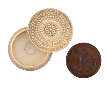 ALEXANDER DAVISON'S BATTLE OF THE NILE MEDAL IN A CARVED IVORY CASE London, Circa 1798 Case height