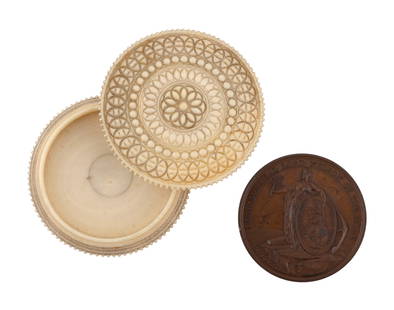 ALEXANDER DAVISON'S BATTLE OF THE NILE MEDAL IN A CARVED IVORY CASE London, Circa 1798 Case height: ALEXANDER DAVISON'S BATTLE OF THE NILE MEDAL IN A CARVED IVORY CASELondon, Circa 1798Copper or bronze medal, the obverse with "Rear Admiral Nelson of the Nile" and a scene of Peace holding olive branc