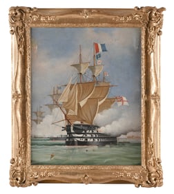 BRITISH SCHOOL (19th Century,), Naval battle with a British three-decker in the foreground., Oil on