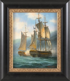 JAMES HARDY III (United Kingdom, 1937-), Naval battle between a French and British ship., Oil on