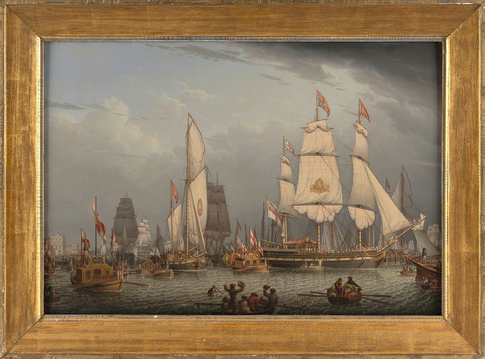 ROBERT SALMON (Massachusetts, 1775-1844), "Celebration at an English Port", depicting a historically: ROBERT SALMONMassachusetts, 1775-1844"Celebration at an English Port", depicting a historically significant event in a harbor filled with royal barges and other vessels crowded with figures. A superio