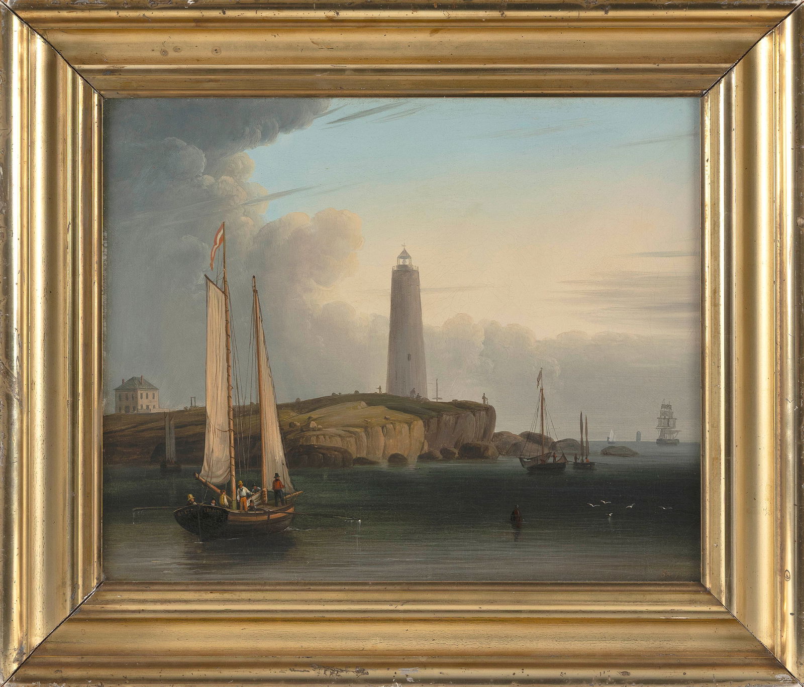 ROBERT SALMON (Massachusetts, 1775-1844), "Boston Light"., Oil on panel, 15" x 18.25". Framed 20.25": ROBERT SALMONMassachusetts, 1775-1844"Boston Light". A very fine view of the lighthouse and its outbuildings located on Little Brewster Island in outer Boston Harbor. The tender heading toward the isl