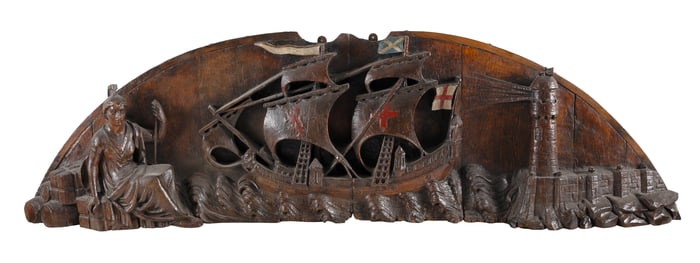 RELIEF-CARVED ARCHED PANEL WITH NAUTICAL SCENE 19th Century Height 16.5". Width 56.25". Depth 4.5".