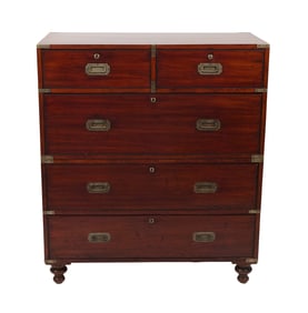 TWO-PART BRASS-BOUND MAHOGANY CAMPAIGN CHEST England, Mid-19th Century Height 45". Width 39". Depth