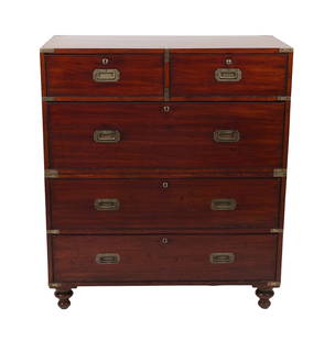 TWO-PART BRASS-BOUND MAHOGANY CAMPAIGN CHEST England, Mid-19th Century Height 45". Width 39". Depth: TWO-PART BRASS-BOUND MAHOGANY CAMPAIGN CHESTEngland, Mid-19th CenturyUpper case with half drawers over a deep full-width drawer. Lower case with two full-width drawers and turned feet. Typical recesse