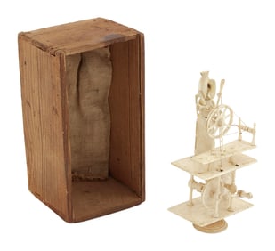 BOXED NAPOLEONIC PRISONER-OF-WAR CARVED BONE SPINNING JENNY Early 19th Century Box height 2.5".
