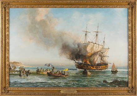 LESLIE ARTHUR WILCOX (United Kingdom, 1904-1982), "The British Frigate Actaeon Destroyed in: LESLIE ARTHUR WILCOXUnited Kingdom, 1904-1982"The British Frigate Actaeon Destroyed in Charleston Harbour S.C. After Running Aground Supporting the Attack 24th June 1776". Signed lower right "L.A. Wil