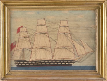 ENGLISH WOOLWORK DEPICTING A THREE-MASTED SHIP 19th Century 13" x 19.5" sight. Framed 18" x 24".