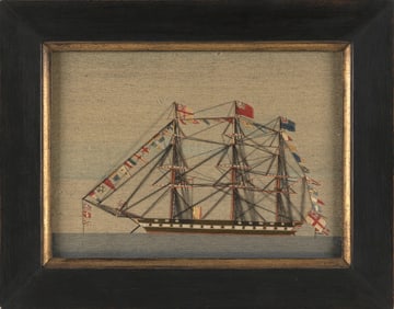 ENGLISH WOOLWORK DEPICTING A THREE-MASTED SHIP 19th Century Framed 16.5" x 21".