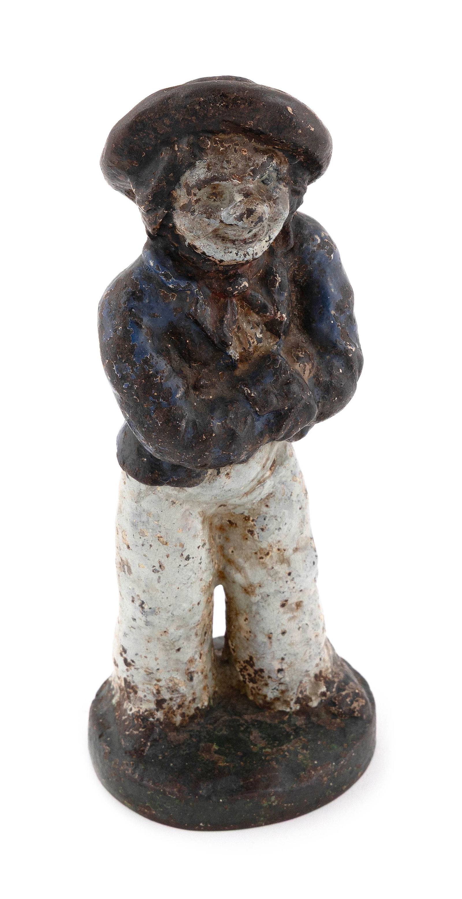 SCARCE JACQUES OF LONDON SAILOR WITH PIGTAIL CAST IRON DOORSTOP, Early 19th Century Height 9". Width: SCARCE JACQUES OF LONDON SAILOR WITH PIGTAIL CAST IRON DOORSTOPEarly 19th CenturyFull-bodied caricature of a British "Jack Tar" with a bulbous nose and big grin. Original painted surface. Maker's mark