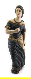 CARVED AND PAINTED WOOD FIGURE OF A WOMAN, IN THE STYLE OF A FIGUREHEAD 20th Century: CARVED AND PAINTED WOOD FIGURE OF A WOMAN, IN THE STYLE OF A FIGUREHEAD20th CenturyNicely detailed.Height 40.5". Width approx. 14". Depth approx. 17".
