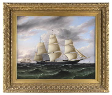 JAMES EDWARD BUTTERSWORTH (New Jersey/New York/United Kingdom, 1817-1894), Portrait of the American: JAMES EDWARD BUTTERSWORTHNew Jersey/New York/United Kingdom, 1817-1894Portrait of the American clipper ship Black Warrior, circa 1853, flying a white flag with a red, white and blue American shield fr