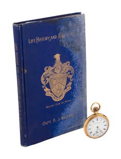 CAPTAIN BENJAMIN J. WILLARD PRESENTATION POCKET WATCH AND BOOK Book 9.25" x 6".: CAPTAIN BENJAMIN J. WILLARD PRESENTATION POCKET WATCH AND BOOKAmerican Watch Co. 18kt yellow gold watch with inscription on interior "Presented to B.J. Willard by Owners of Brig Etta M. Tucker April 1