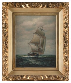 JAMES GALE TYLER (Connecticut/New York, 1855-1931), Ship heading in., Oil on canvas, 20" x 16".